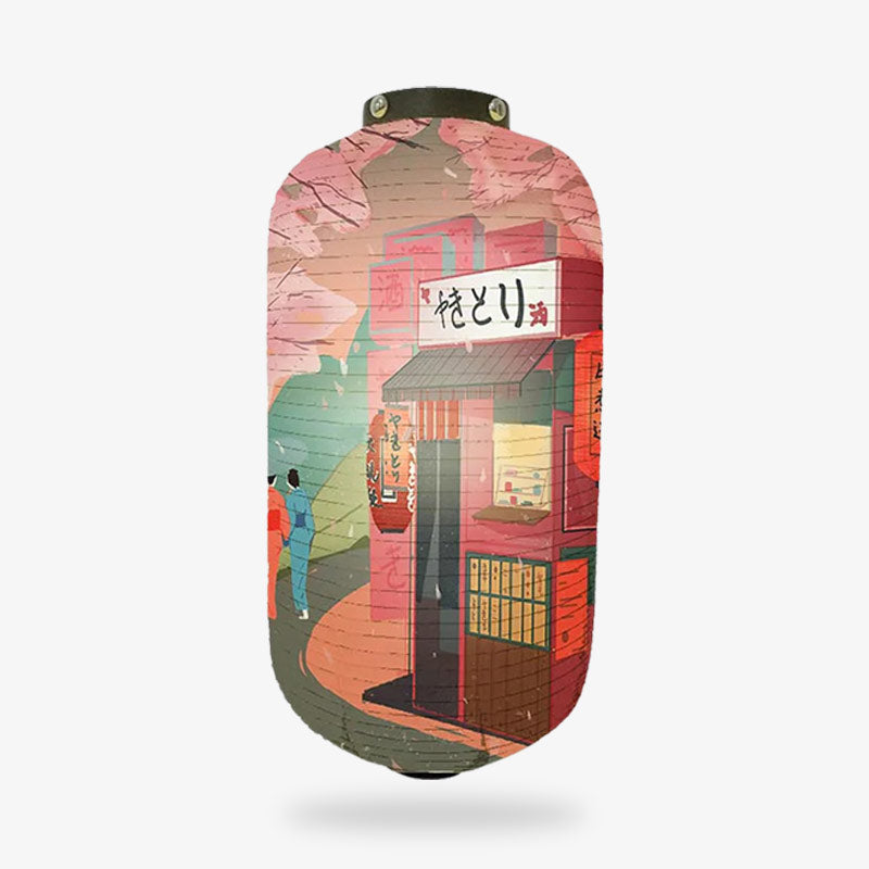 a lanter harajuku ブãƒã‚°â€‹ with a colorful old Tokyo illustration of a traditional Japanese building and people dressed with Traditional japanese kimono on a white background