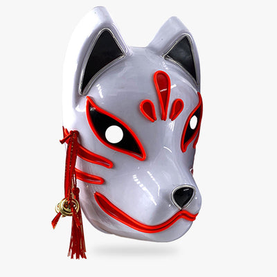 This led fox mask is a white kitsune mask. Japanese mask made with red and white colors for shinobi lovers