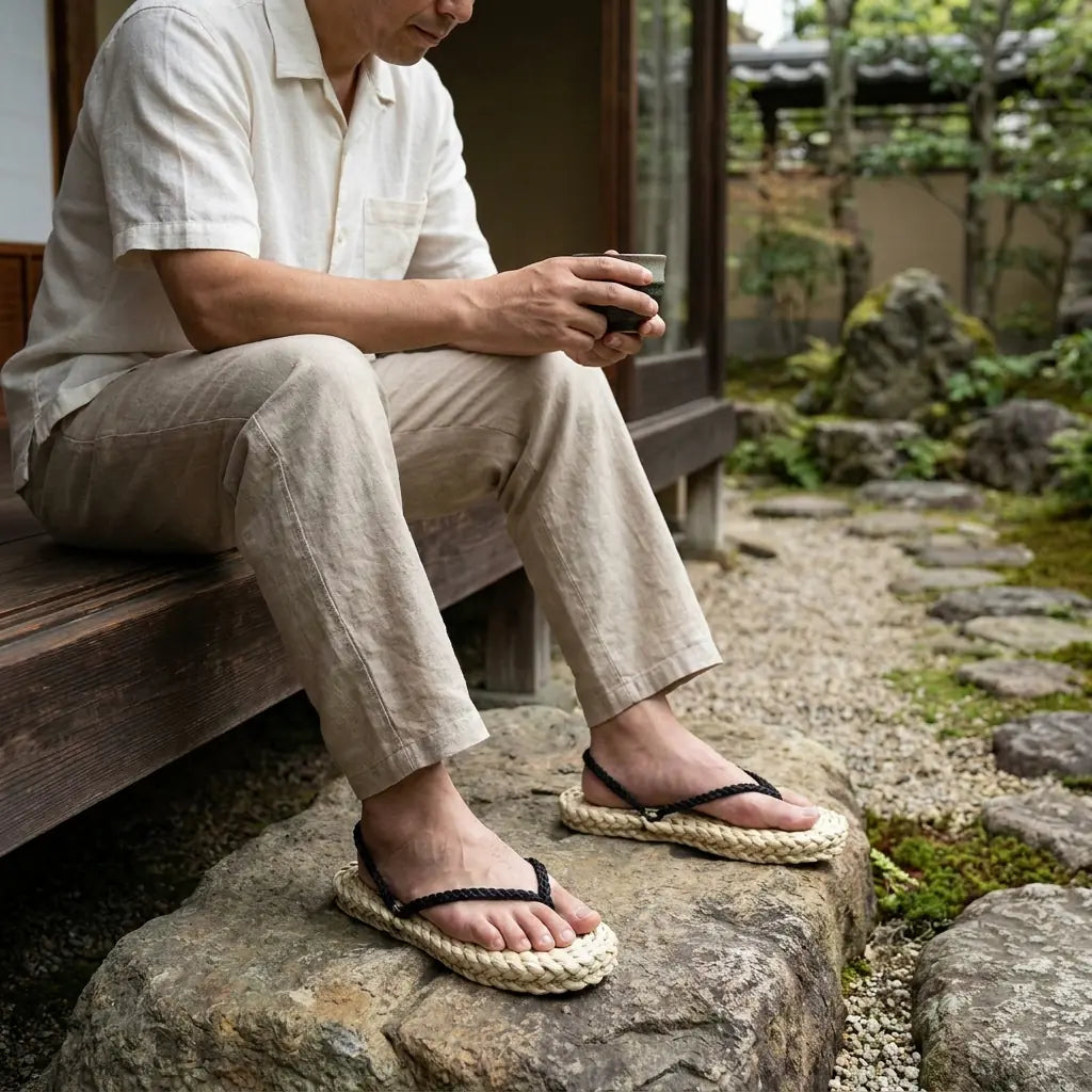 Luffy Sandals worn with white tabi socks by a seated man in a Japanese garden