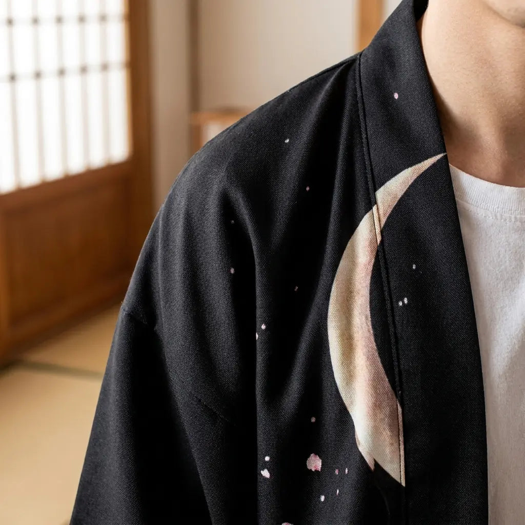 Close-up of the printed fabric and sleeve of a moon kimono