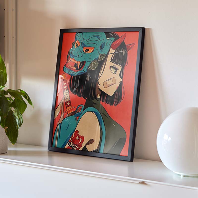 This manga art poster is modern. The woman has an oni mask on her head. The black frame is placed on a shelf.