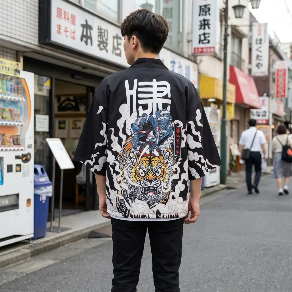 Back view of a manga kimono worn in a Harajuku street, showing the full print