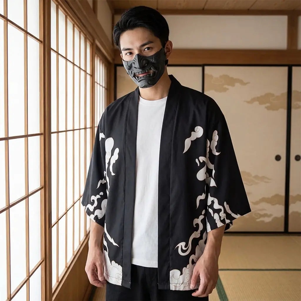Man wearing a manga kimono in a Japanese washitsu room with shoji screens, waist-up front view