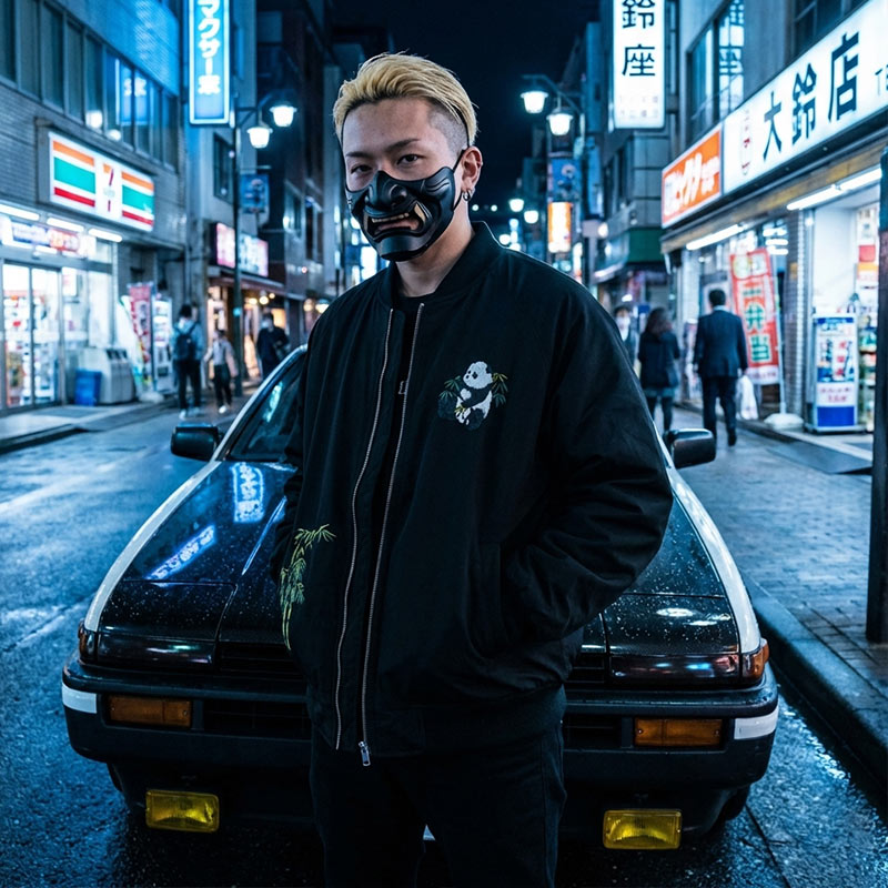 Person wearing a black samurai mask and a sukajan jacket for men in an urban Harajuku street setting with neon signs.