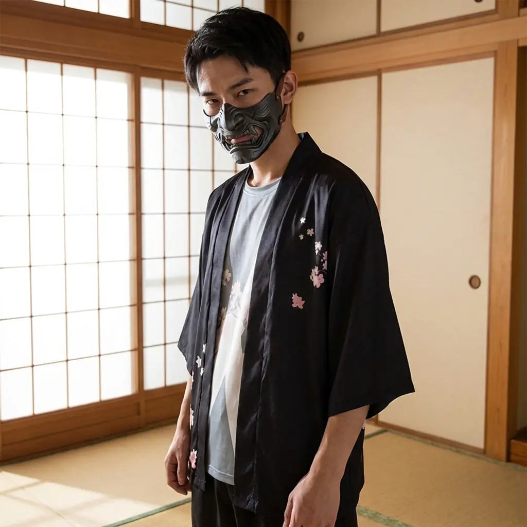Man wearing a mens floral kimono in a Japanese washitsu room with shoji screens, waist-up front view
