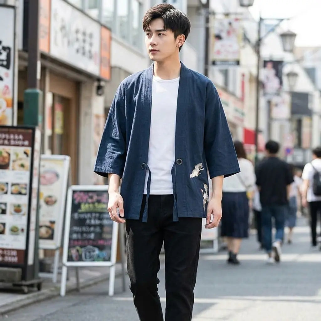 Man wearing a mens haori in a Harajuku street in Tokyo, front view