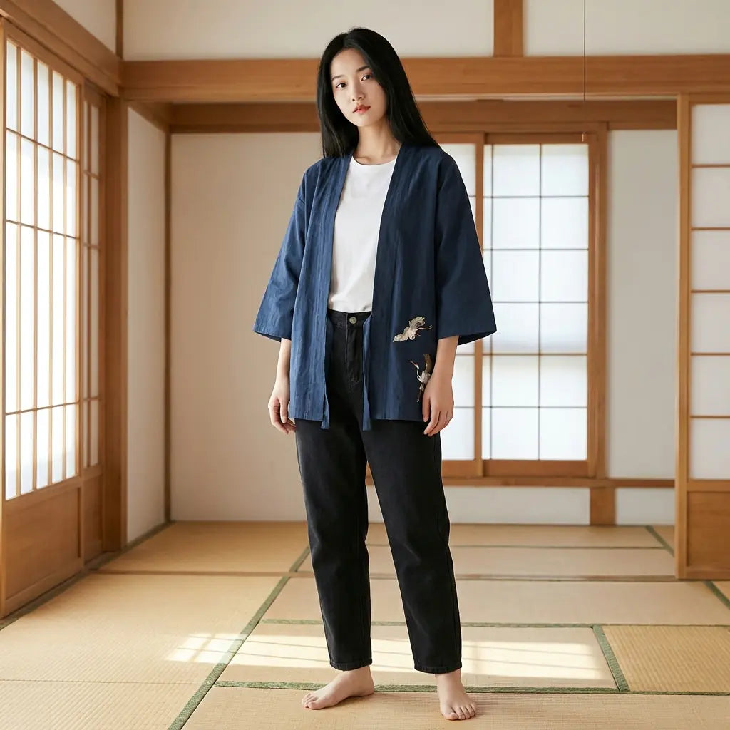 Woman wearing a mens haori in a washitsu room with tatami and shoji screens