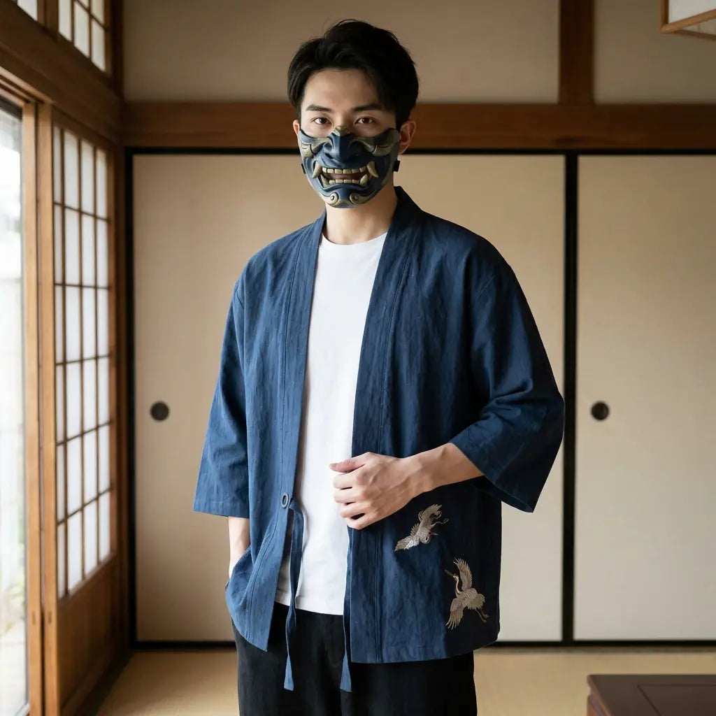 Man wearing a mens haori in a Japanese washitsu room with shoji screens, waist-up front view