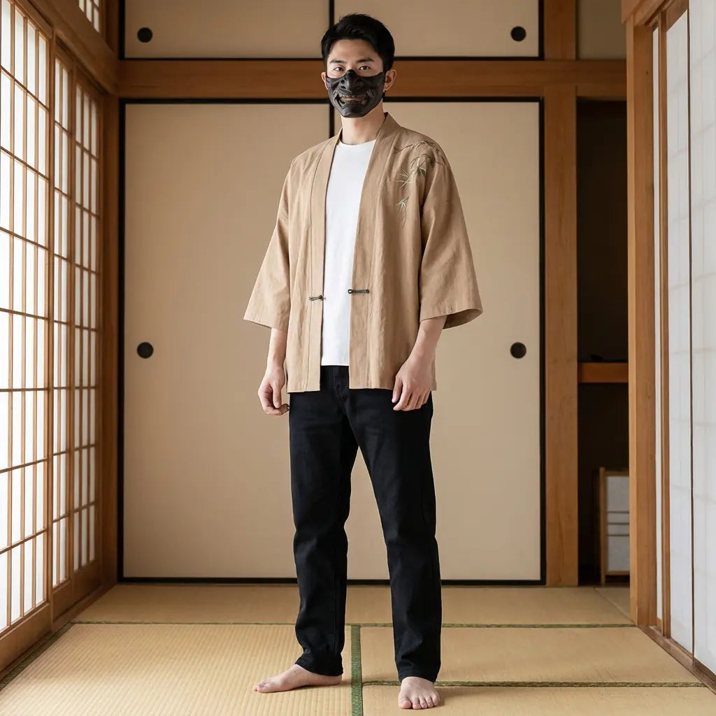 Man wearing a haori kimono jacket in a traditional Japanese washitsu room, front view