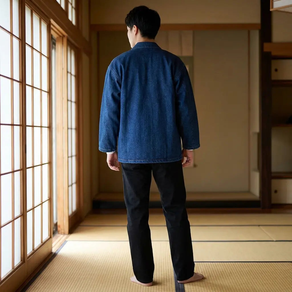 Back view of a blue haori in a washitsu room, showing the full back design