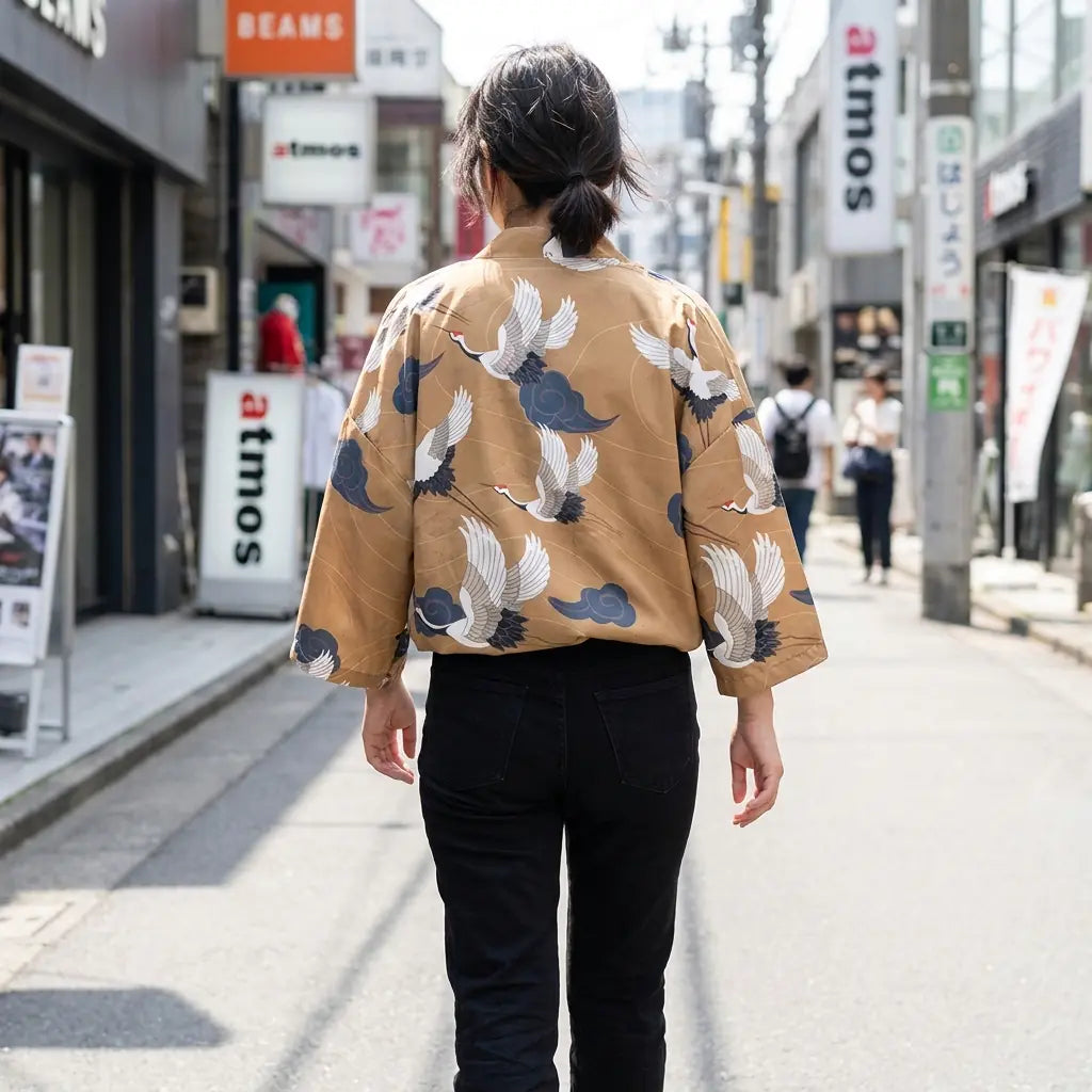 Woman seen from behind wearing a haori yukata in a Harajuku street