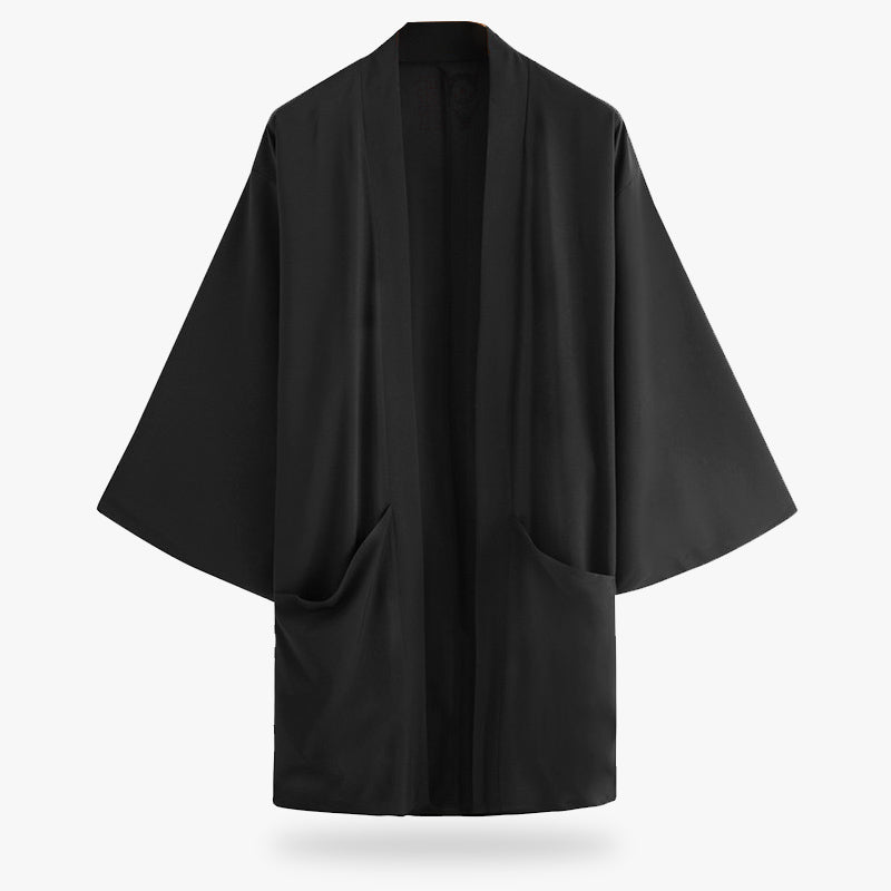 This Japanese jacket is a mens-modern-kimono. This kimono jacket can be worn with a T-shirt and jeans, for example.