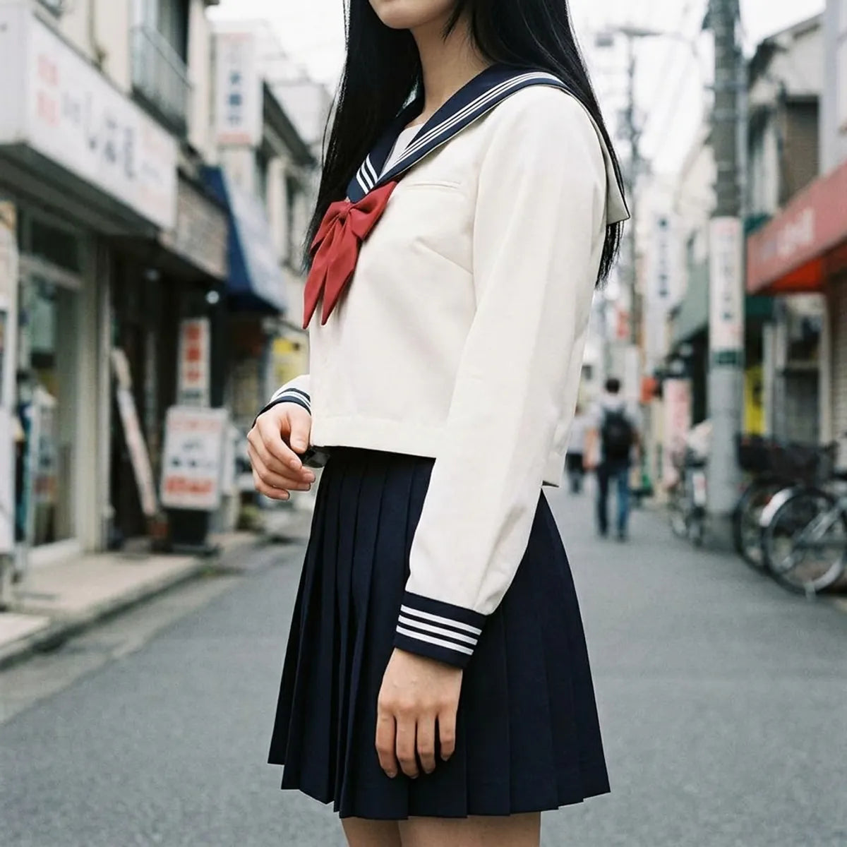 Dark navy pleated mini skirt with vertical box pleats worn as part of the uniform