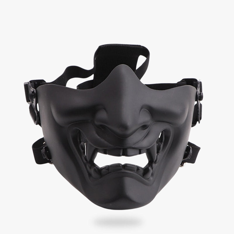 the ninja mask is black. It's a half oni mask with black color. Mask is a japanese demon with teeths and fangs