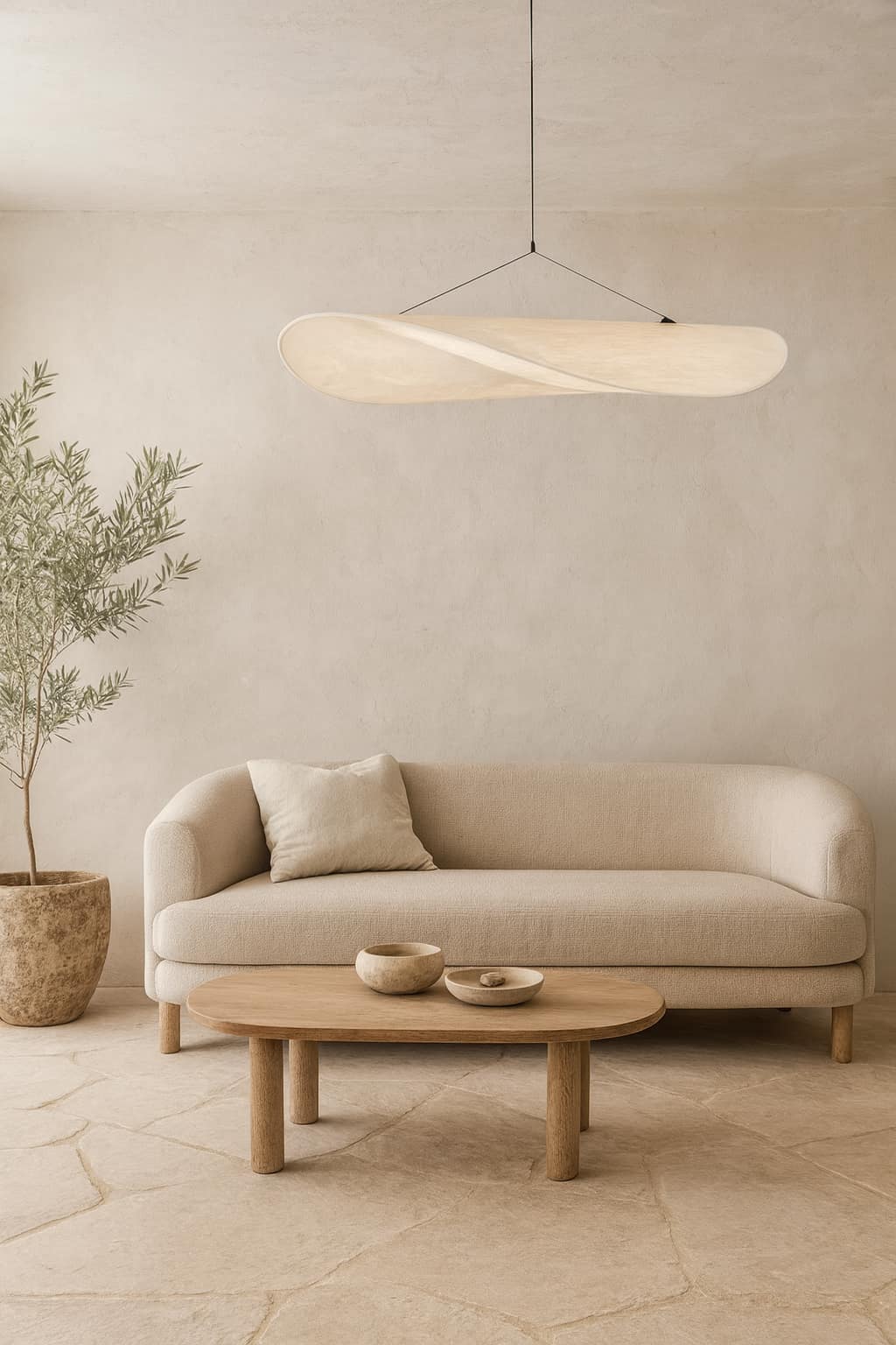 Beige sofa in a minimalistic living room with a noguchi paper lamp ceilingpendant light and a plant.