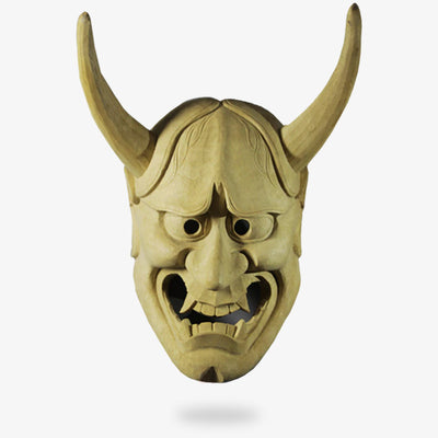 This noh hannya mask is a Japanese demon face. This Hannya mask has sharp horns, teeth and fangs.