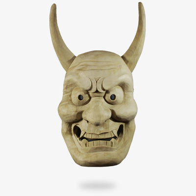 This Noh mask oni is handmade with cedar-wood material. Thi traditional japanese mask is a demon oni face with fangs and horns