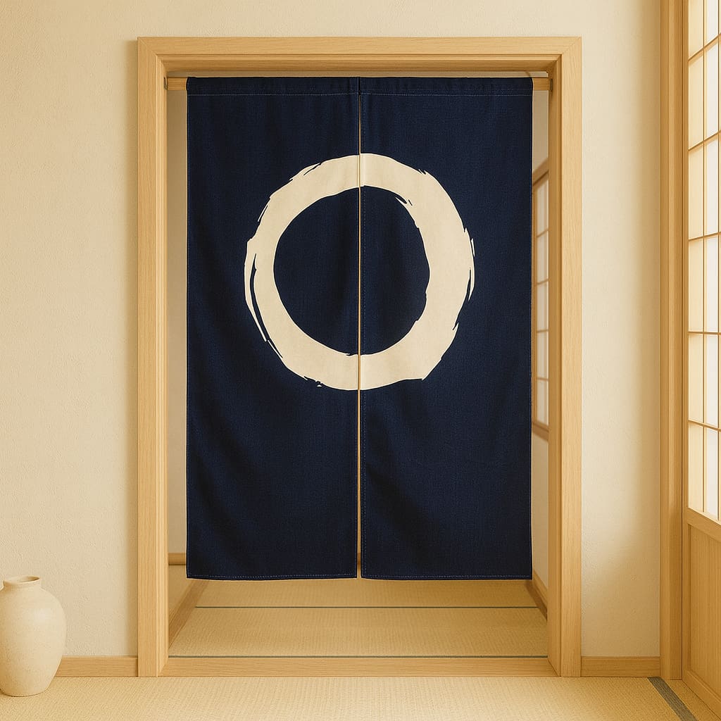 Noren doorway curtain with a white circle design on a navy background in a room with wooden flooring and sliding doors.