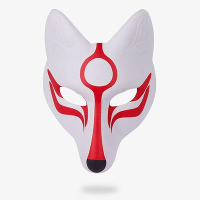 This Japanese okami mask depicts ameterasu goddessn in blood-red paint.