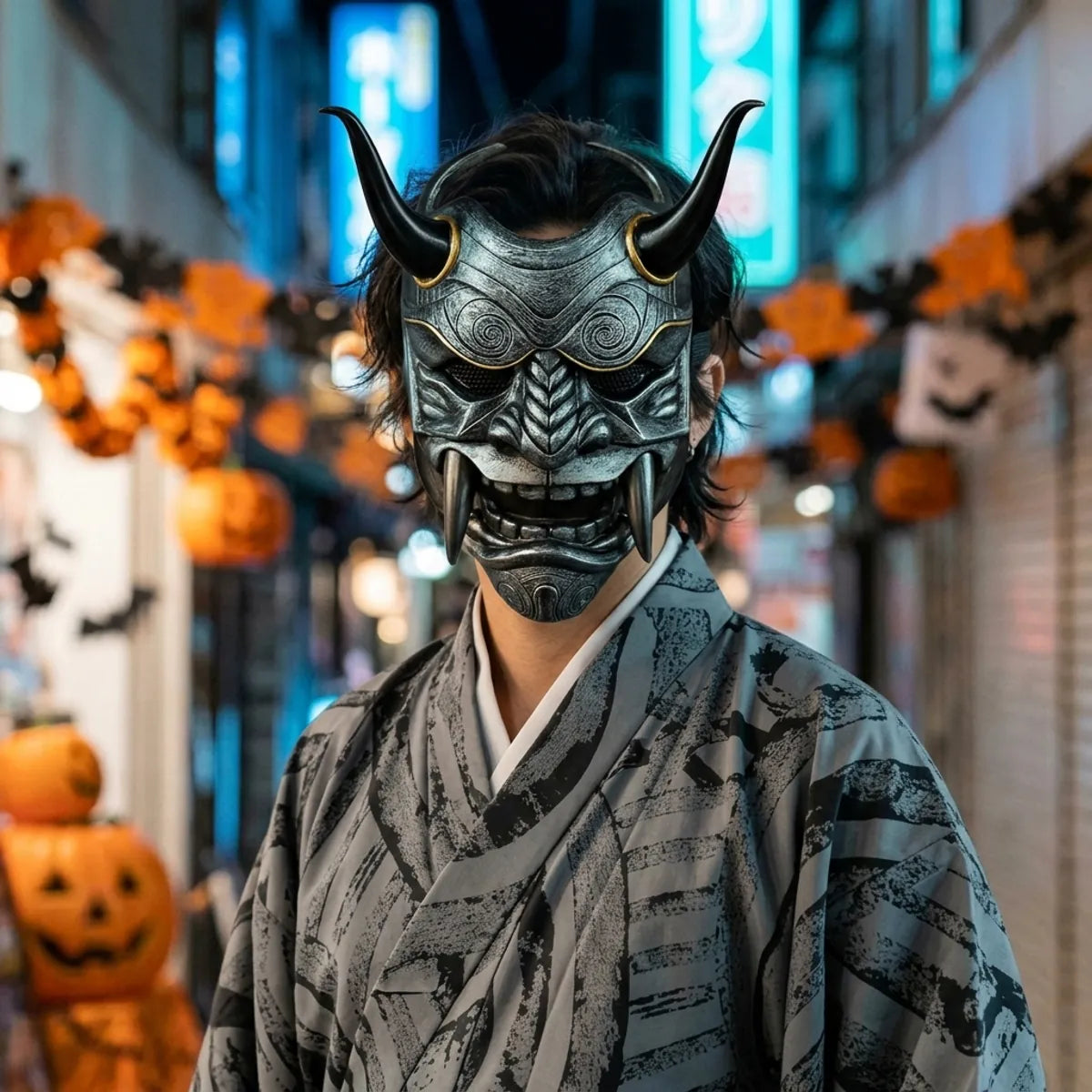 Oni face mask: grey metal demon mask with black horns worn with a grey kimono at night for Halloween, blue Tokyo neon behind