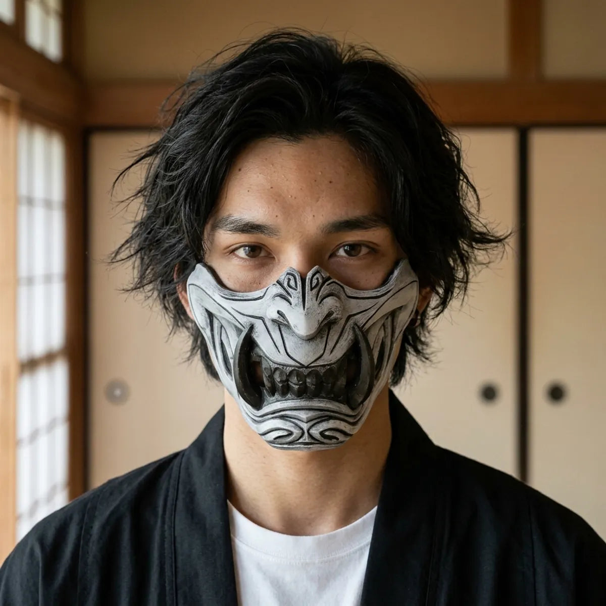 Menpo Samurai mask: close-up of the half mask worn in a Japanese tatami room, the painted details under calm dark eyes