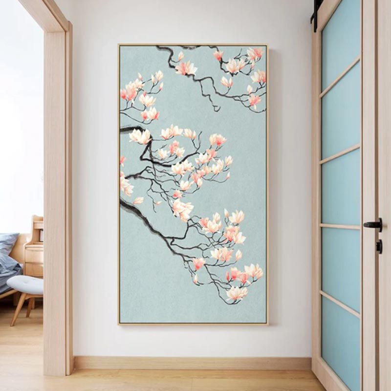 In an apartment, a large painting of cherry blossom trees hangs on the wall. Sakura flowers are white