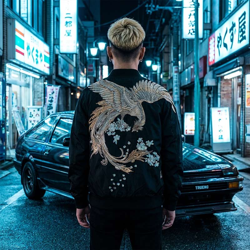 Person wearing a black phoenix sukajan jacket in an urban Tokyo street setting at night.