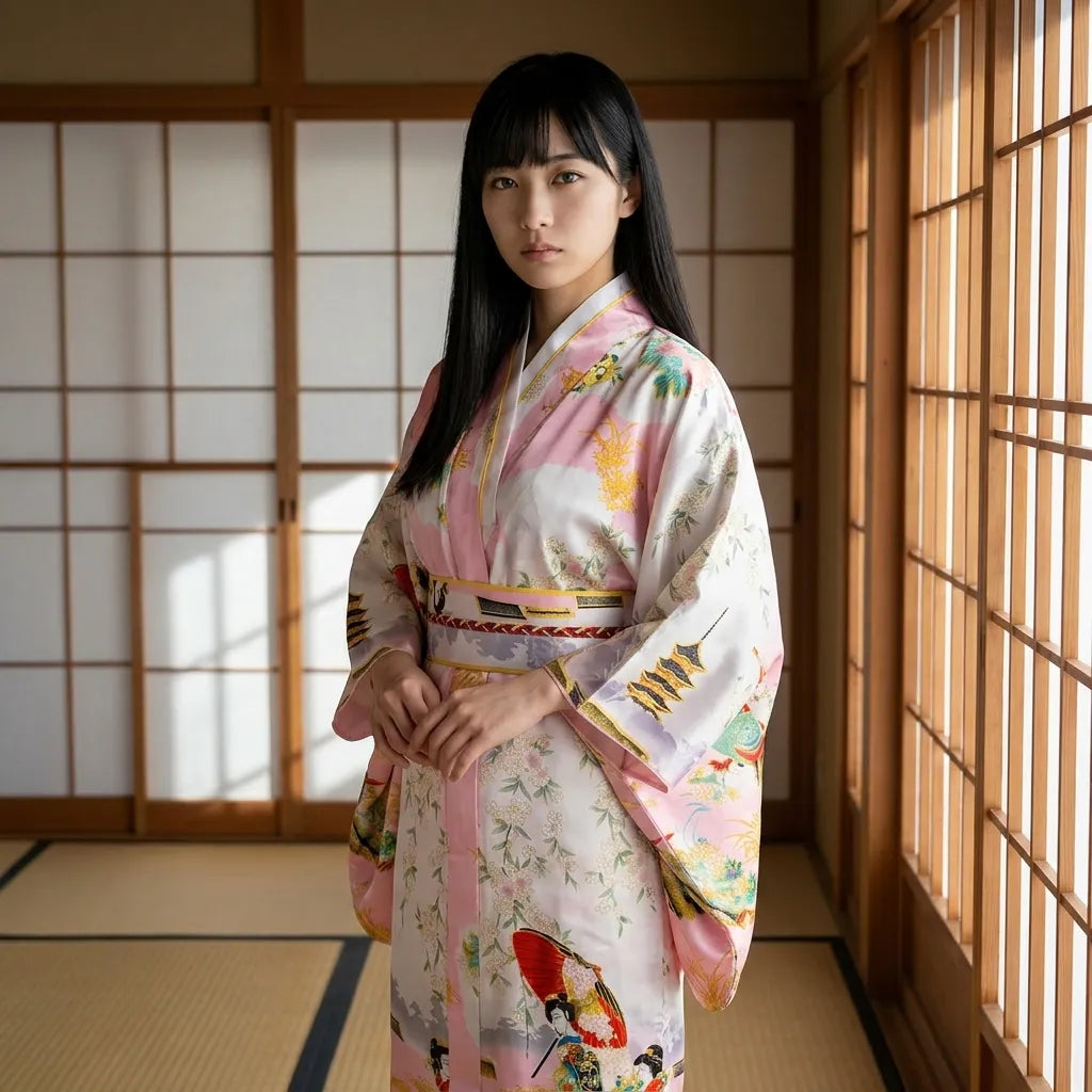 Pink kimono dress with ukiyo-e geisha and pagoda print worn with obi-style waist tie