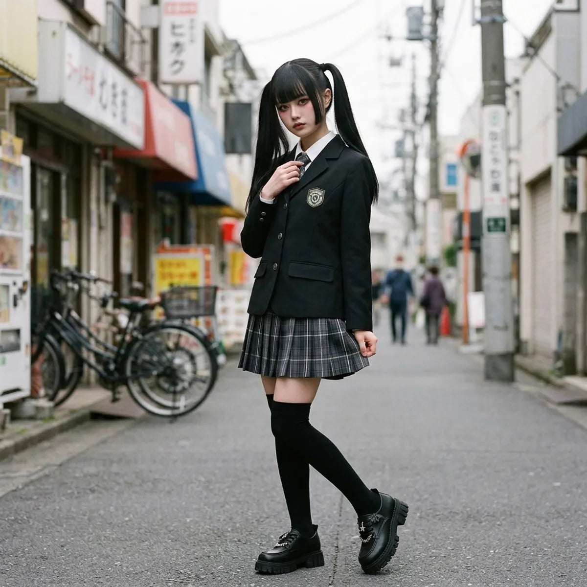 The Japanese school uniform seen three quarters in Harajuku, black blazer, plaid pleated skirt and long black socks