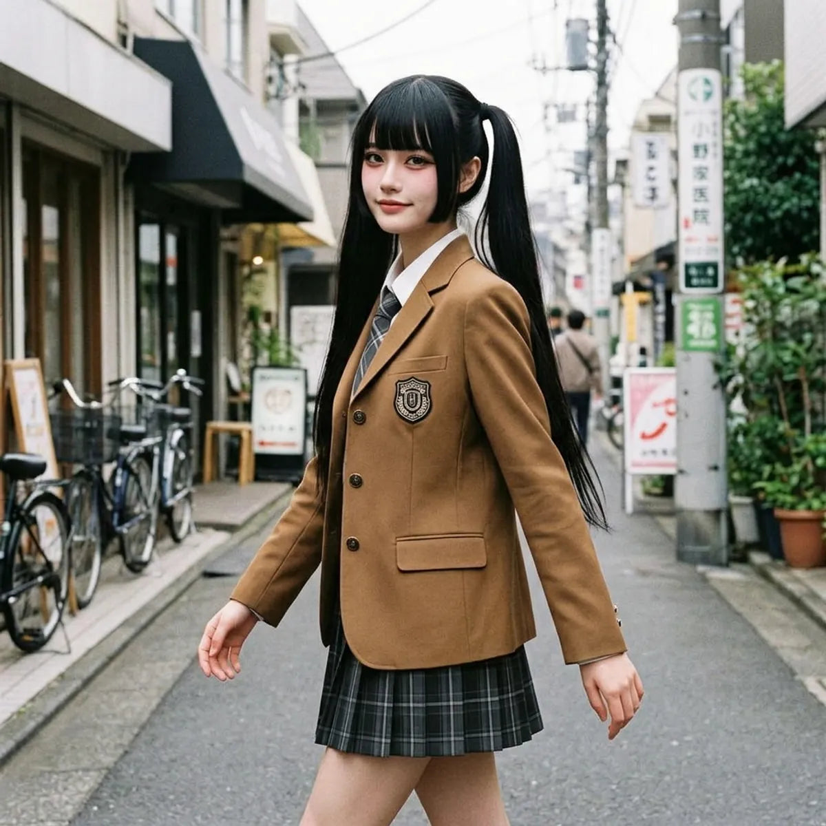 Model walking in the dark grey plaid pleated skirt paired with the camel blazer and plaid tie