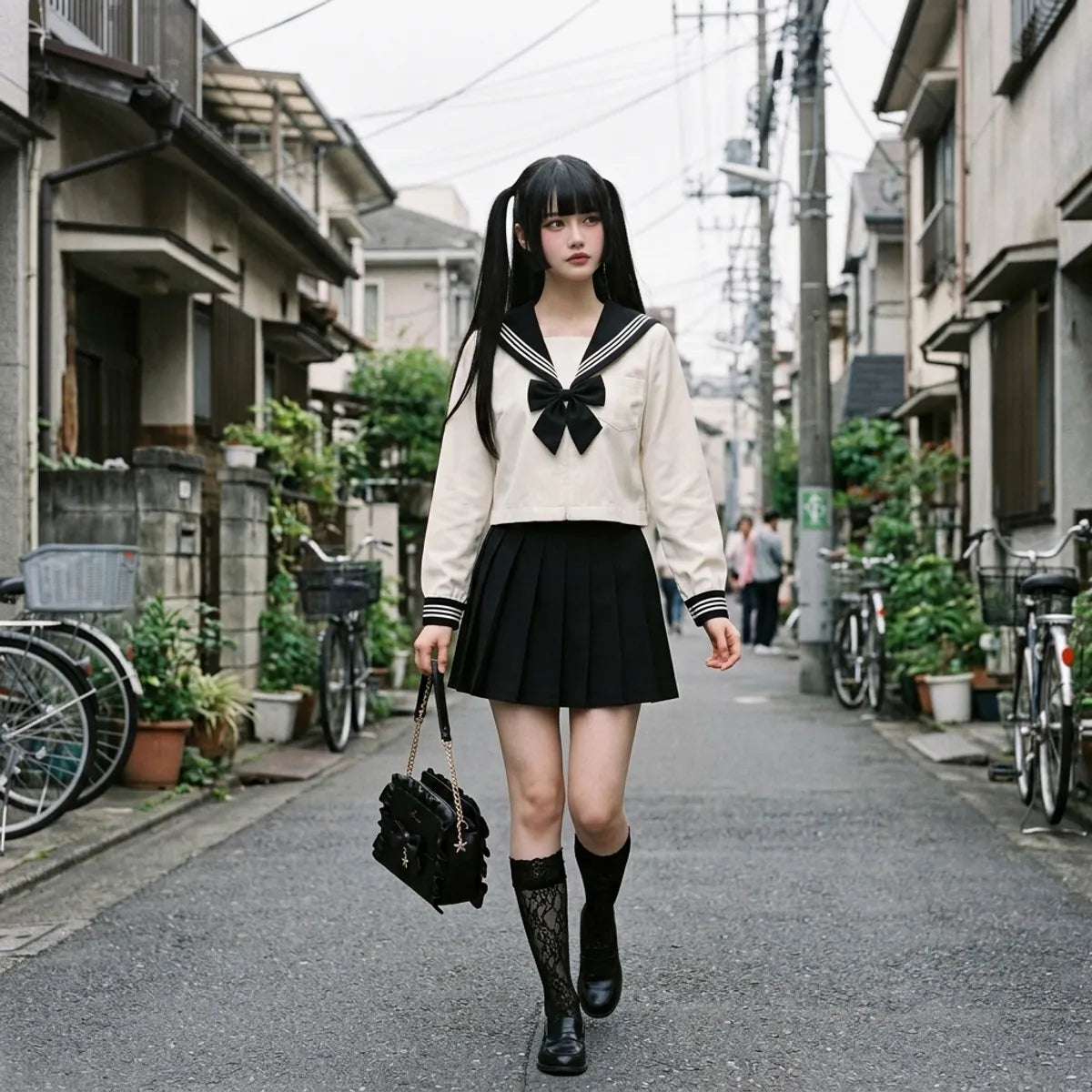 Model walking in the black pleated mini skirt paired with the ivory sailor blouse