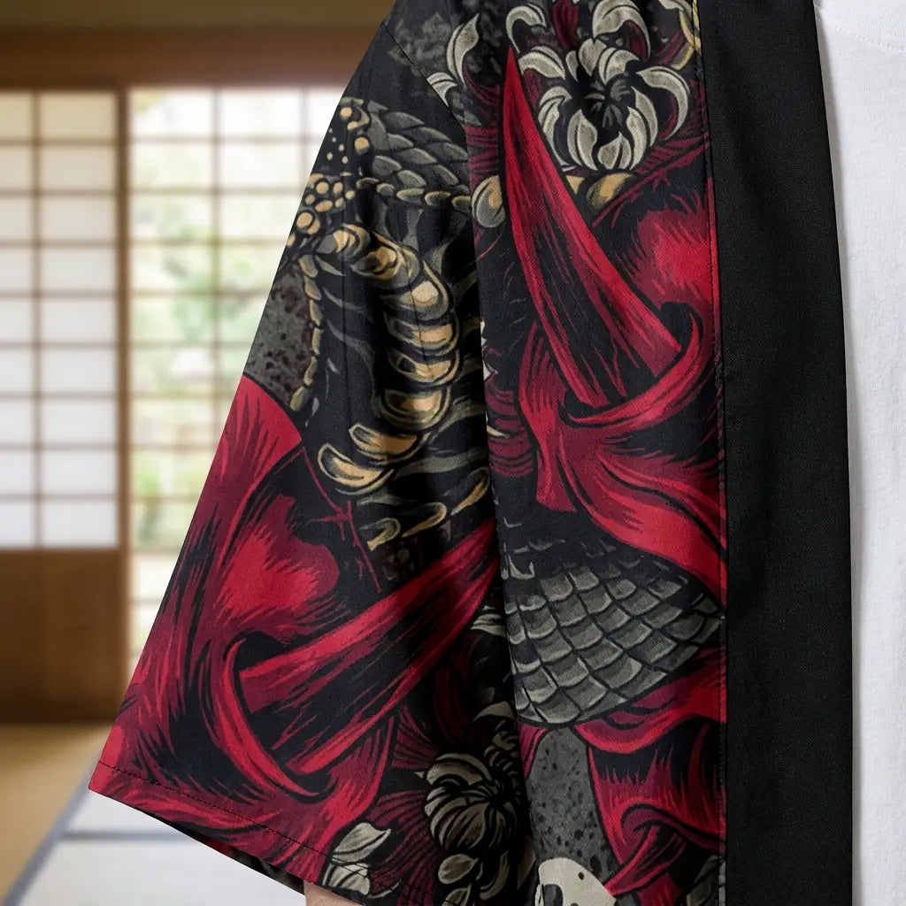 Close-up of the printed fabric and sleeve of a yokai kimono
