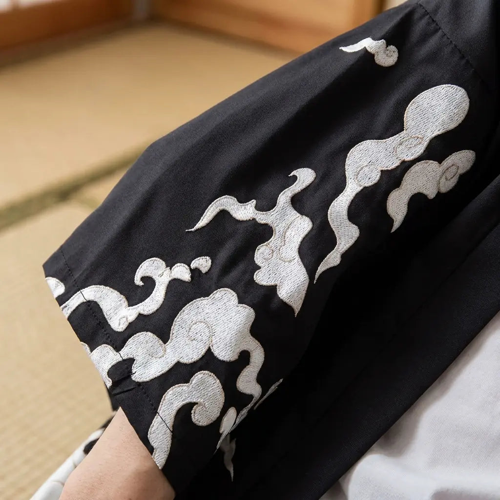 Close-up of the printed fabric and sleeve of a manga kimono