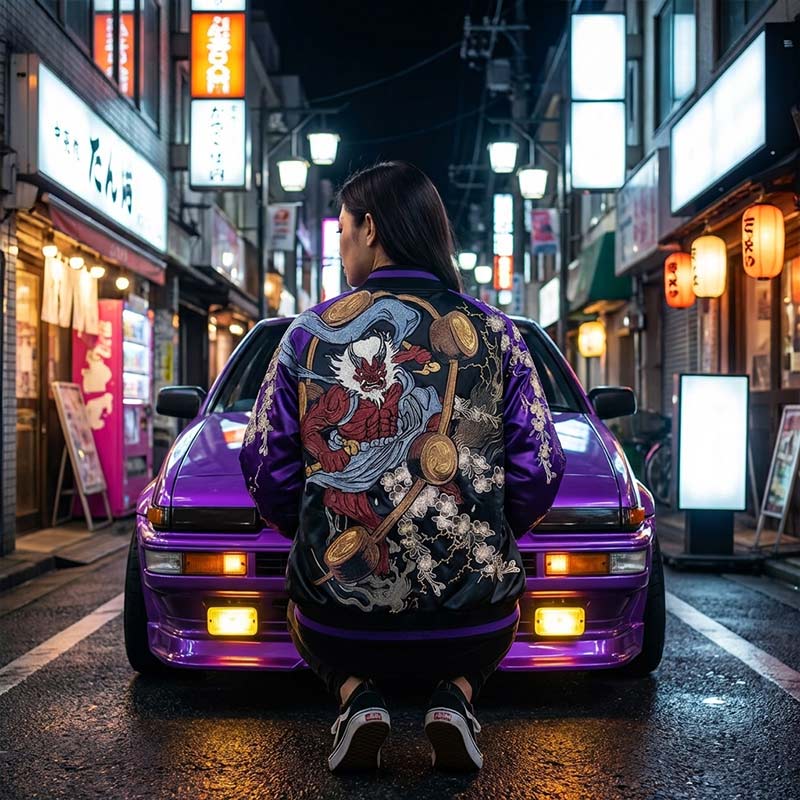 Person wearing a colorful raijin jacket in front of a purple Japanese car on a Tokyo neon-lit street.