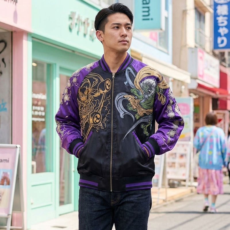 Man wearing a purple and black souvenir jacket with raijin & Fujin designs on Harajuku street.
