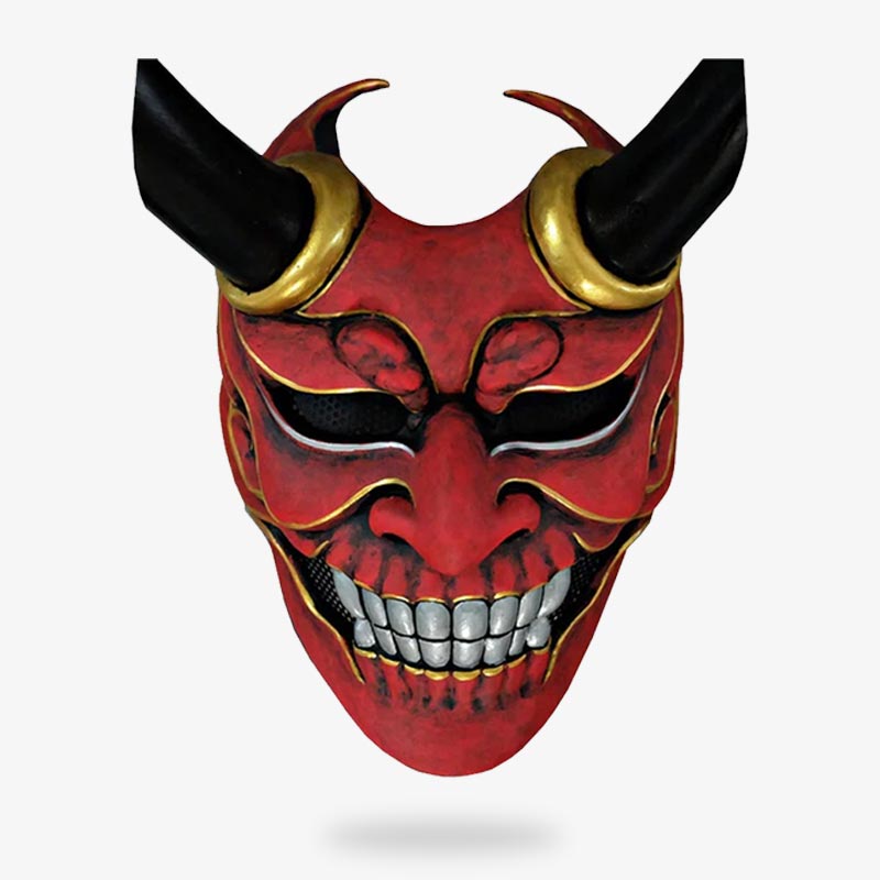 This red demon mask japanese has black horns. The red Japanese mask represents an Oni. It's a monster from the SHinto religion. This Oni mask has white teeth. Mask materials include ice fiber, metal and PU.
