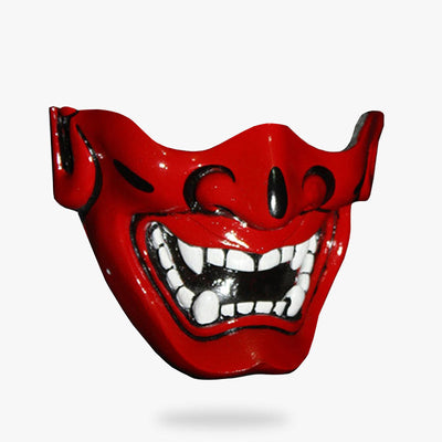 Red hannya mask is red paint. THe half oni mask is paint with white teeths