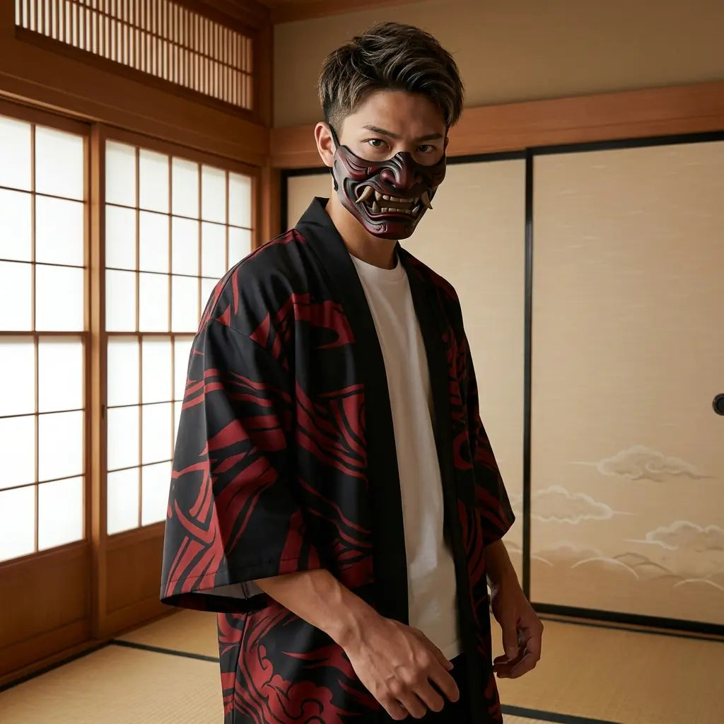 Man wearing a red haori in a Japanese washitsu room with shoji screens, waist-up front view