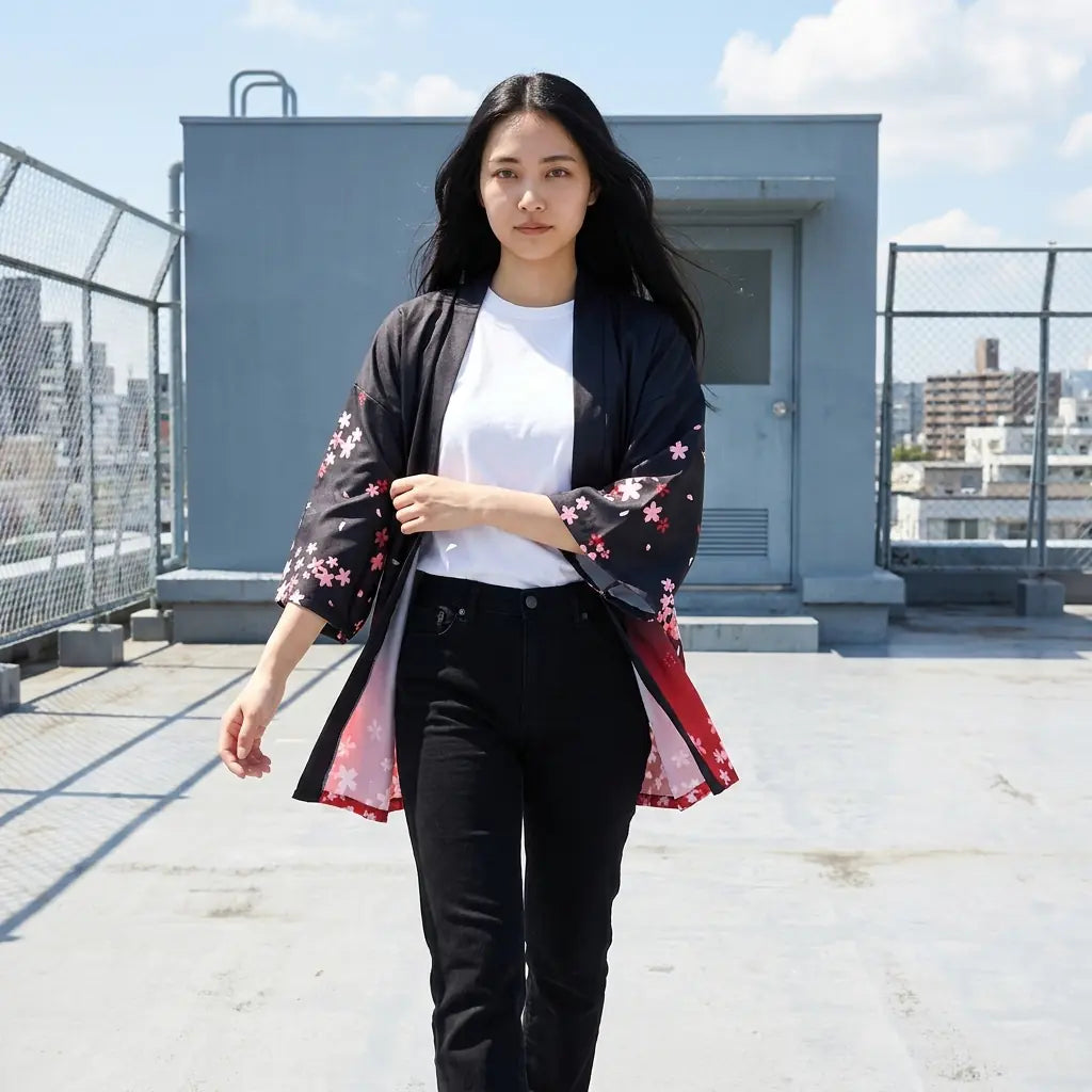 The red hem kimono jacket photographed on a city rooftop, the colour deepening towards the bottom.