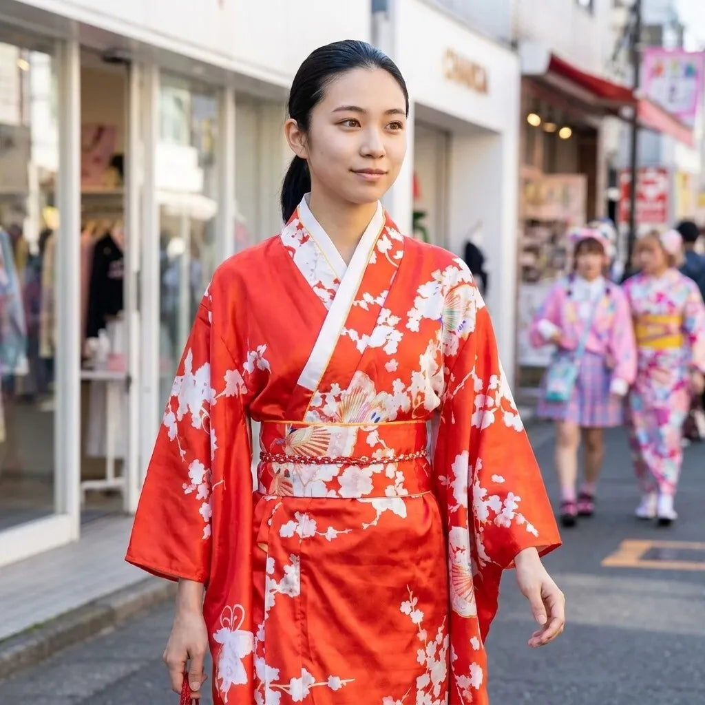 Back view of red sensu fan print kimono wrap dress
