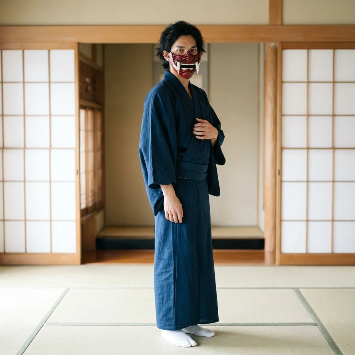 A standing model wears the maroon oni mempo mask, showing the flared wing-like side flanges and the black adjustable strap fastened along the jawline.