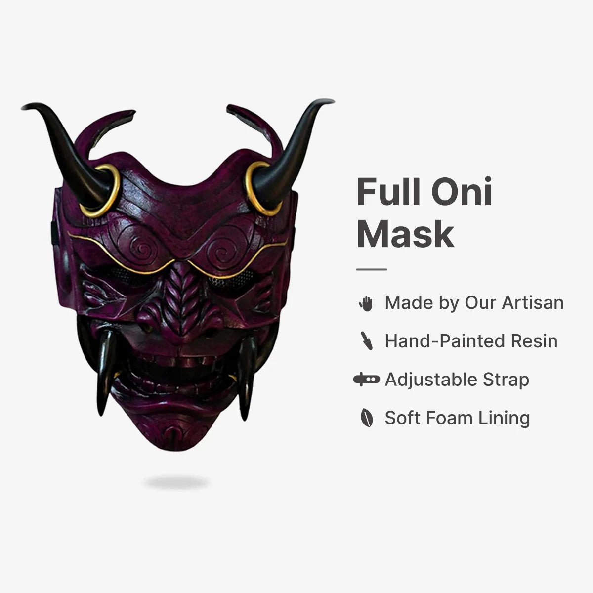 Full Oni Mask : Made by Our Artisan, Hand-Painted Resin, Adjustable Strap, Soft Foam Lining