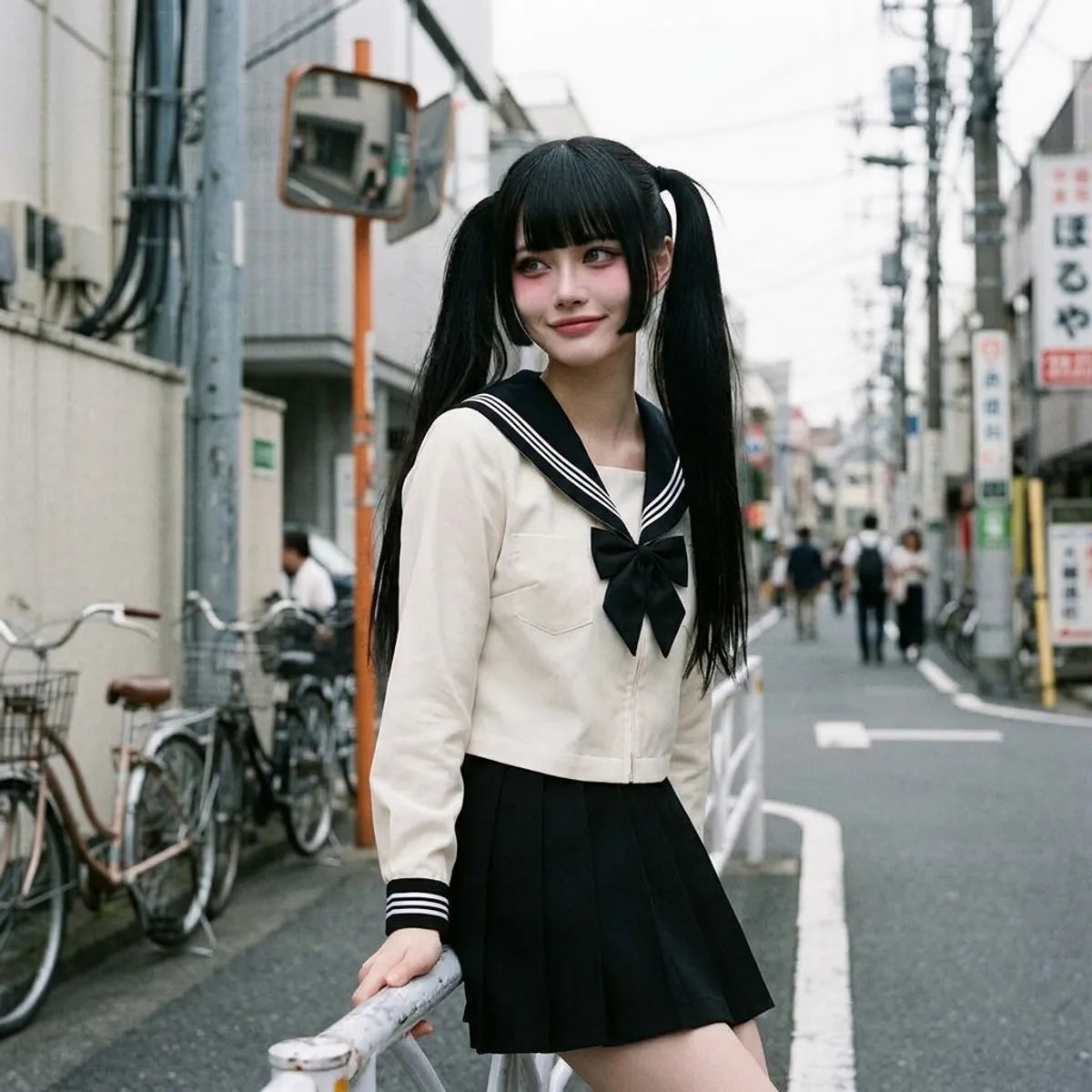 Sailor fuku blouse and skirt set laid out showing the navy collar and pleated hem