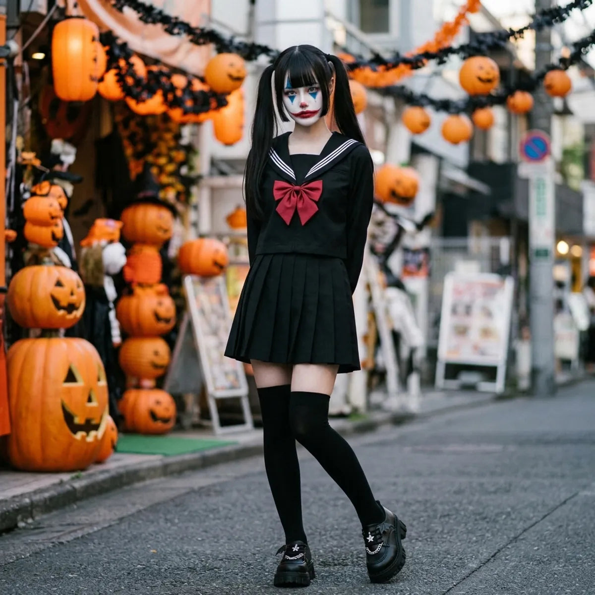 Sailor Japanese uniform worn for Halloween in Harajuku with Joker clown face paint