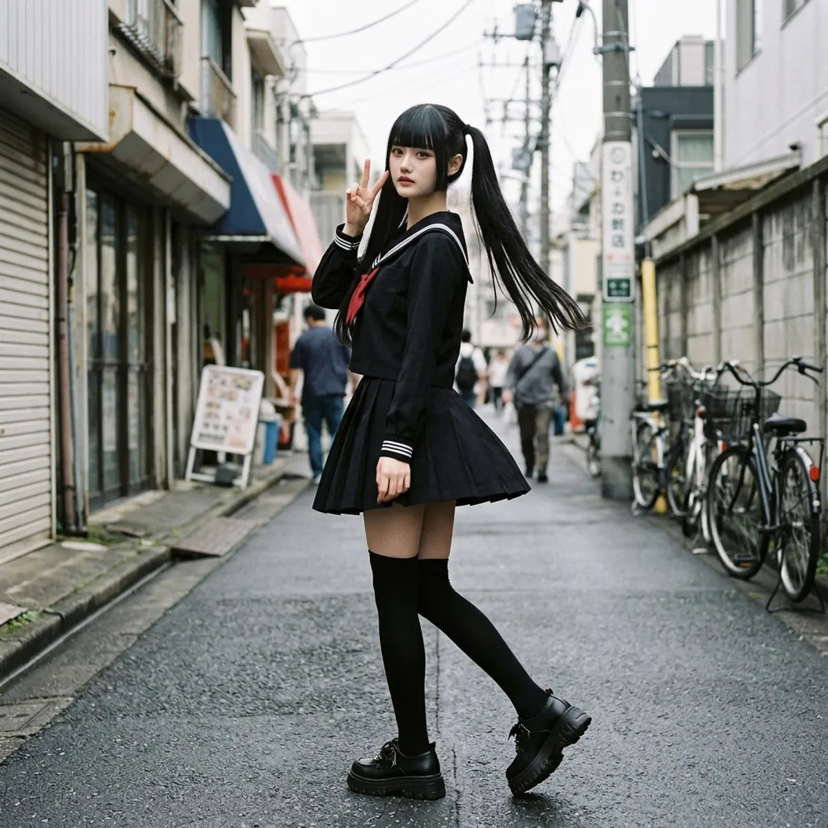 Sailor suit in Harajuku caught mid-step, twin tails and pleated skirt in movement