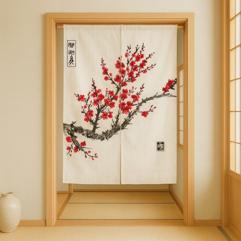 Decorative doorsakura curtain door with red floral design in a room with wooden frame and tatami mat flooring.