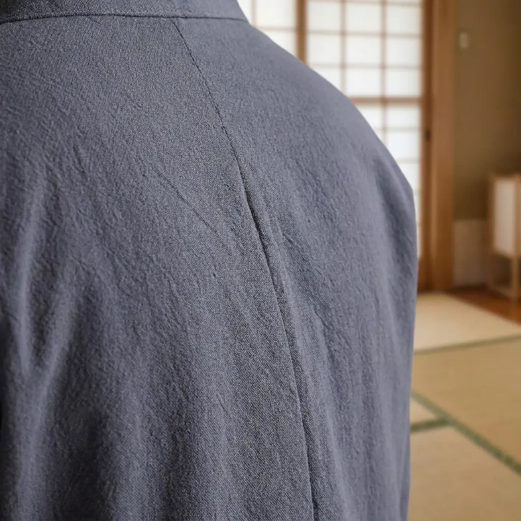 Close-up of the back embroidery of a traditional japanese samue