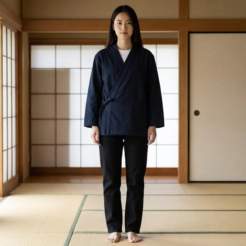 Woman wearing a samue japanese clothing in a washitsu room with tatami and shoji screens