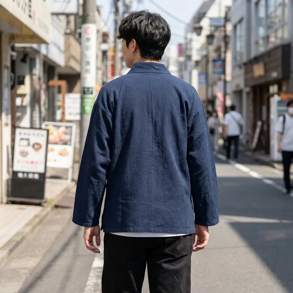 Back view of a samue japanese clothing worn in a Harajuku street, showing the full print