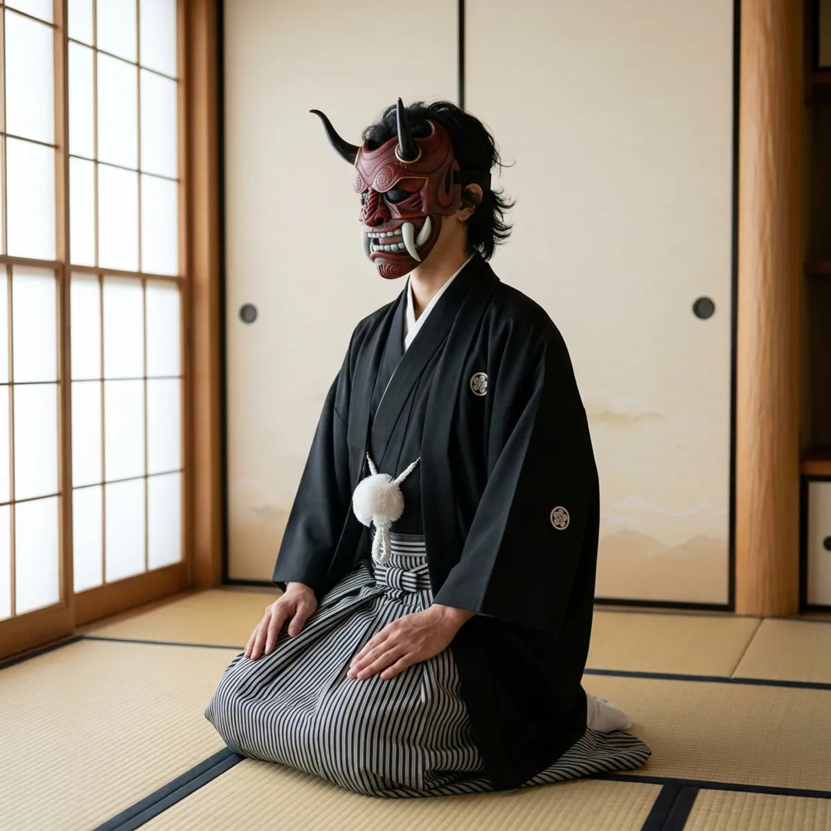 Samurai oni full mask seen in three-quarter view, the horns and fangs, worn kneeling on tatami in a black kimono